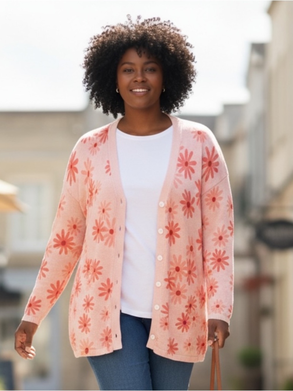 Floral Pink Button-Front Silk Cardigan Sweater 1X